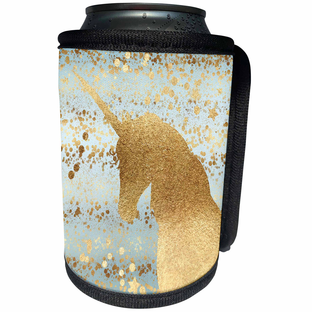3dRose PS Animals - Image of Gold Aqua Glitzy Confetti Stars Sparkle Unicorn - Can Cooler Bottle Wrap (cc_280779)