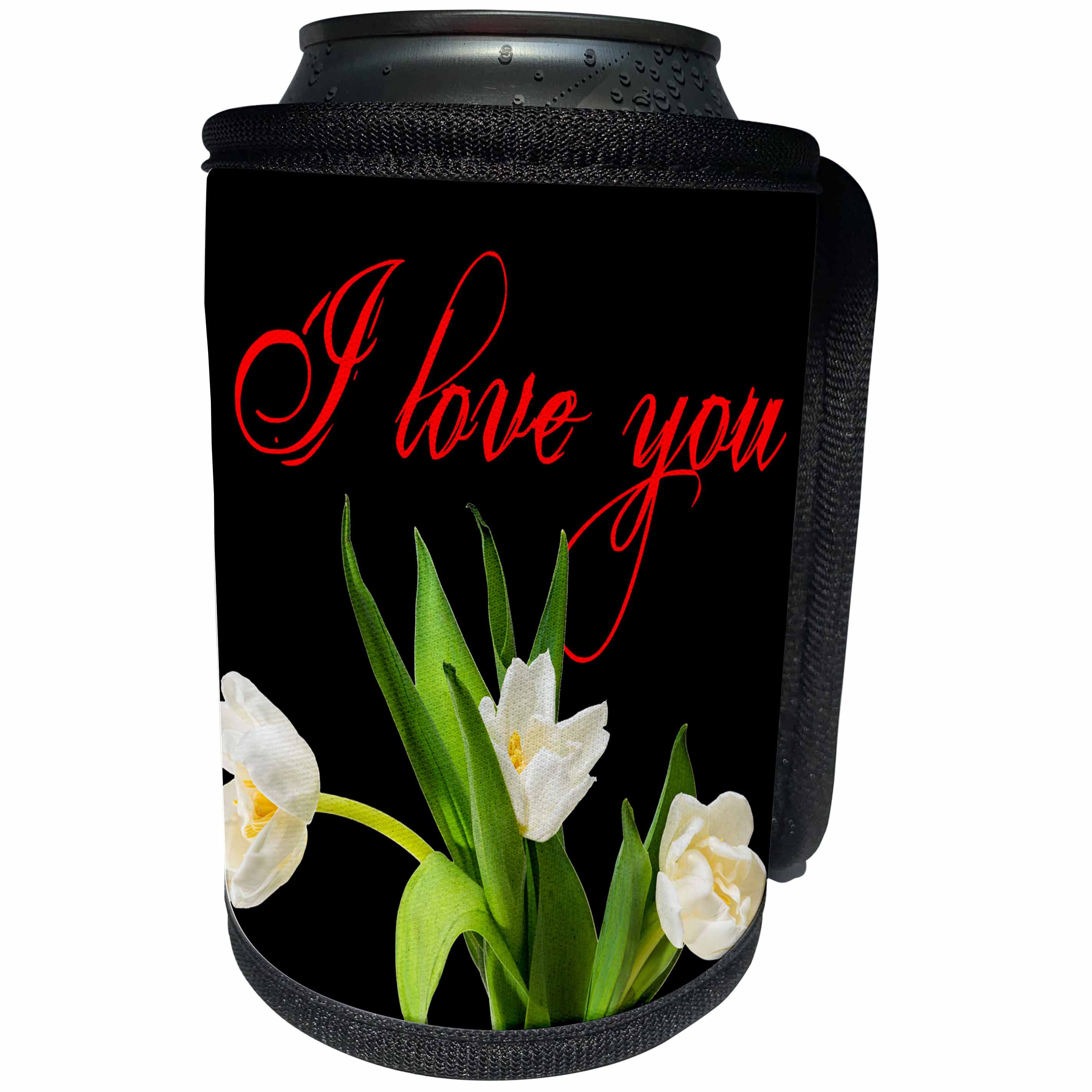 3dRose Alexis Design - Love - I love you red text, three white tulip flowers, green stems on black - Can Cooler Bottle Wrap (cc_280803)