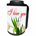 3dRose Alexis Design - Love - I love you red text, three white tulip flowers, green stems on white - Can Cooler Bottle Wrap (cc_280804)