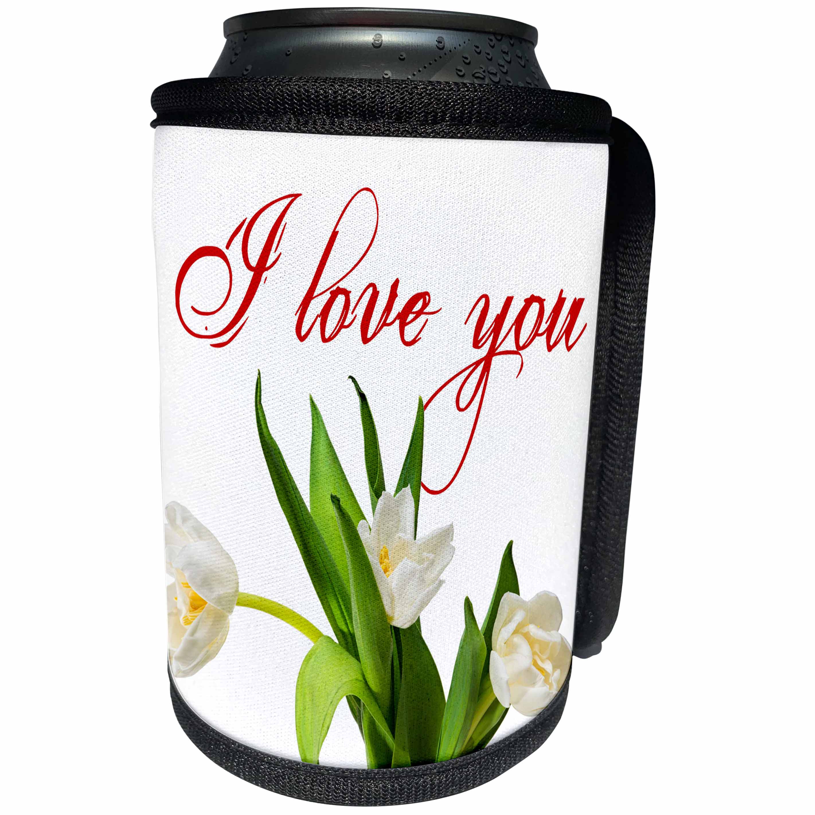 3dRose Alexis Design - Love - I love you red text, three white tulip flowers, green stems on white - Can Cooler Bottle Wrap (cc_280804)