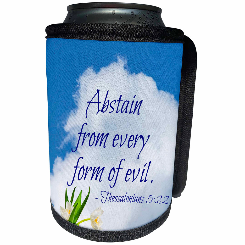 3dRose Alexis Design - Quotes Religion - Bible quotes - Abstain from every form of evil. White cloud, tulips - Can Cooler Bottle Wrap (cc_280806)