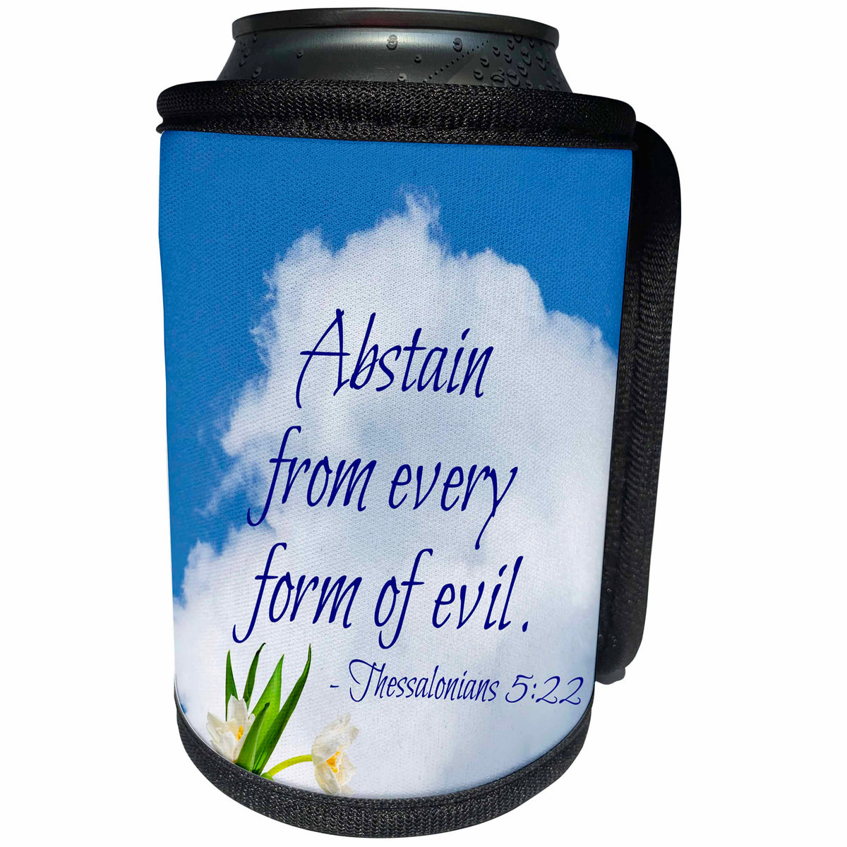 3dRose Alexis Design - Quotes Religion - Bible quotes - Abstain from every form of evil. White cloud, tulips - Can Cooler Bottle Wrap (cc_280806)