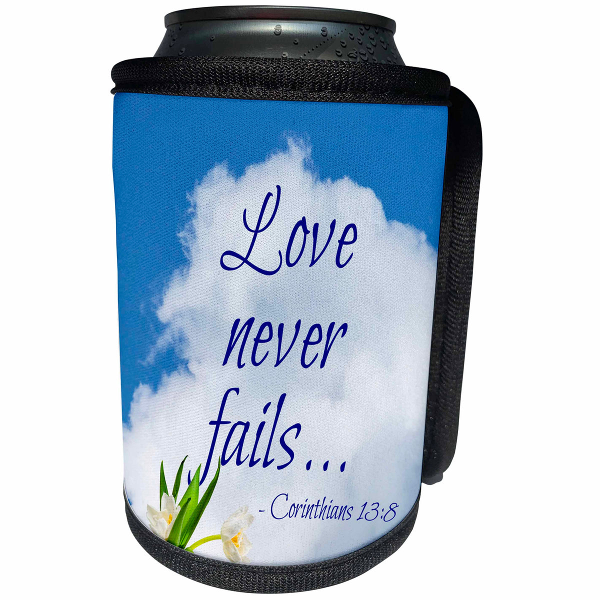 3dRose Alexis Design - Quotes Religion - Bible quotes - Love never fails. White cloud, tulips - Can Cooler Bottle Wrap (cc_280807)