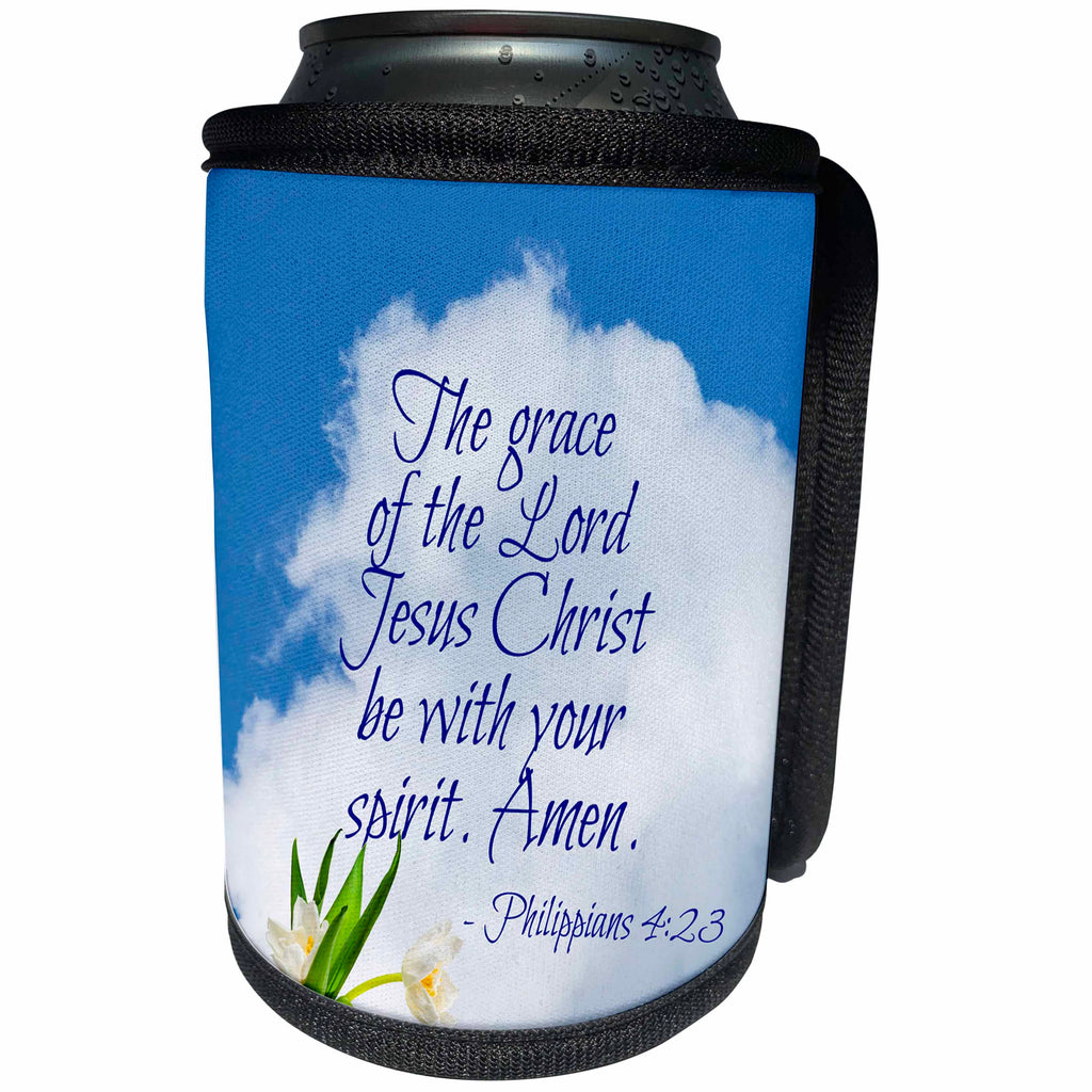 3dRose Alexis Design - Quotes Religion - Bible quotes - The grace of the Lord. White cloud, tulips - Can Cooler Bottle Wrap (cc_280813)