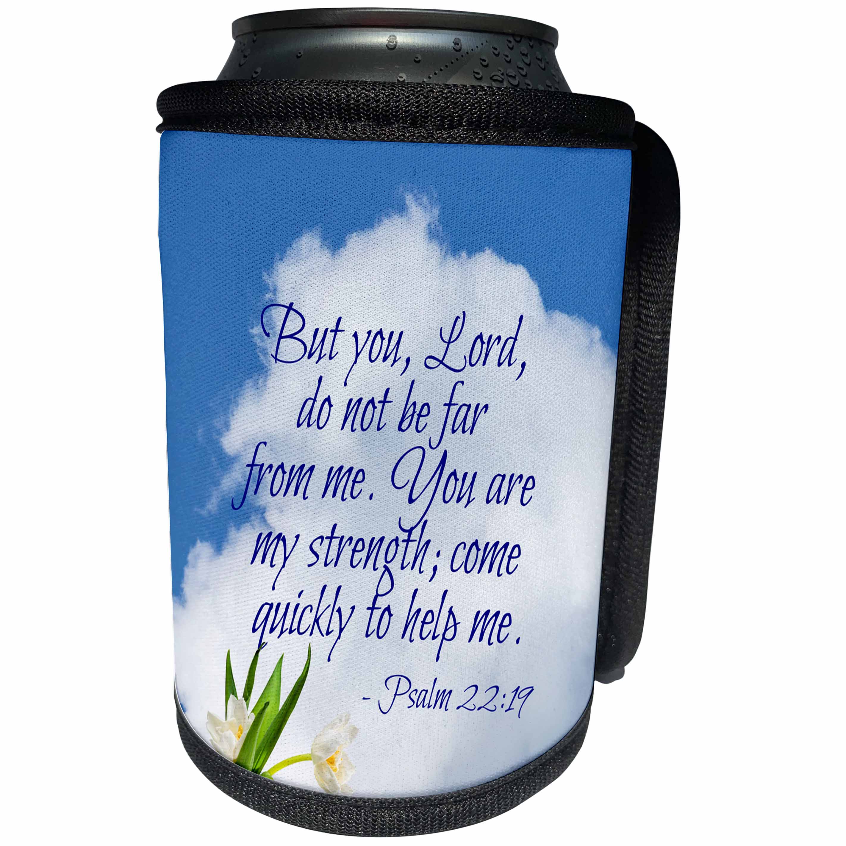 3dRose Alexis Design - Quotes Religion - Bible quotes - Lord not be far from me. White cloud, tulips - Can Cooler Bottle Wrap (cc_280814)