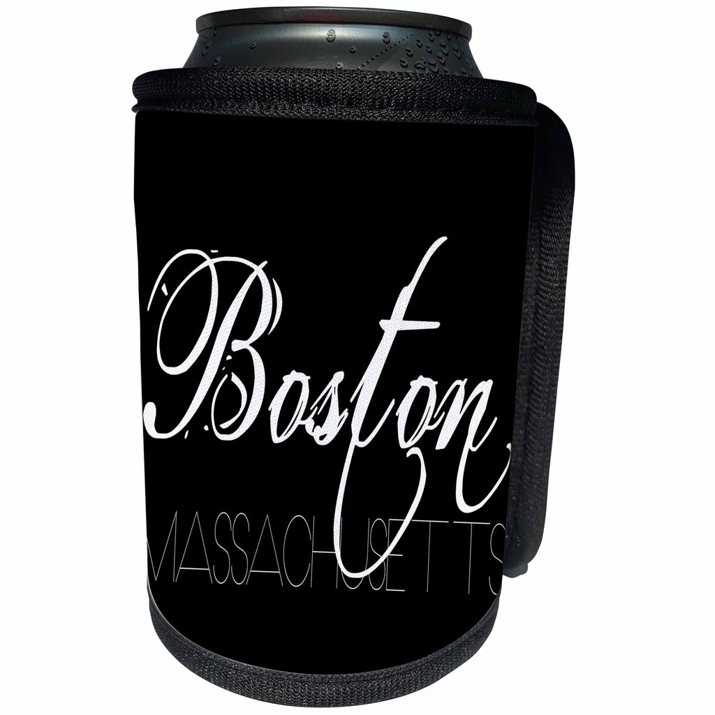 3dRose Alexis Design - American Cities - American Cities - Boston Massachusetts white text on black - Can Cooler Bottle Wrap (cc_280816)