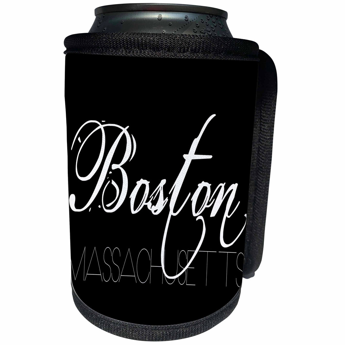 3dRose Alexis Design - American Cities - American Cities - Boston Massachusetts white text on black - Can Cooler Bottle Wrap (cc_280816)