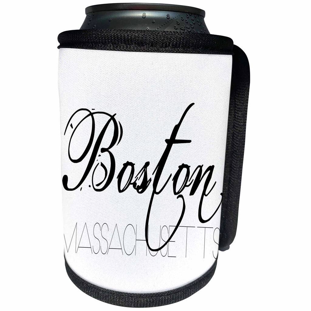 3dRose Alexis Design - American Cities - American Cities - Boston Massachusetts black text on white - Can Cooler Bottle Wrap (cc_280817)