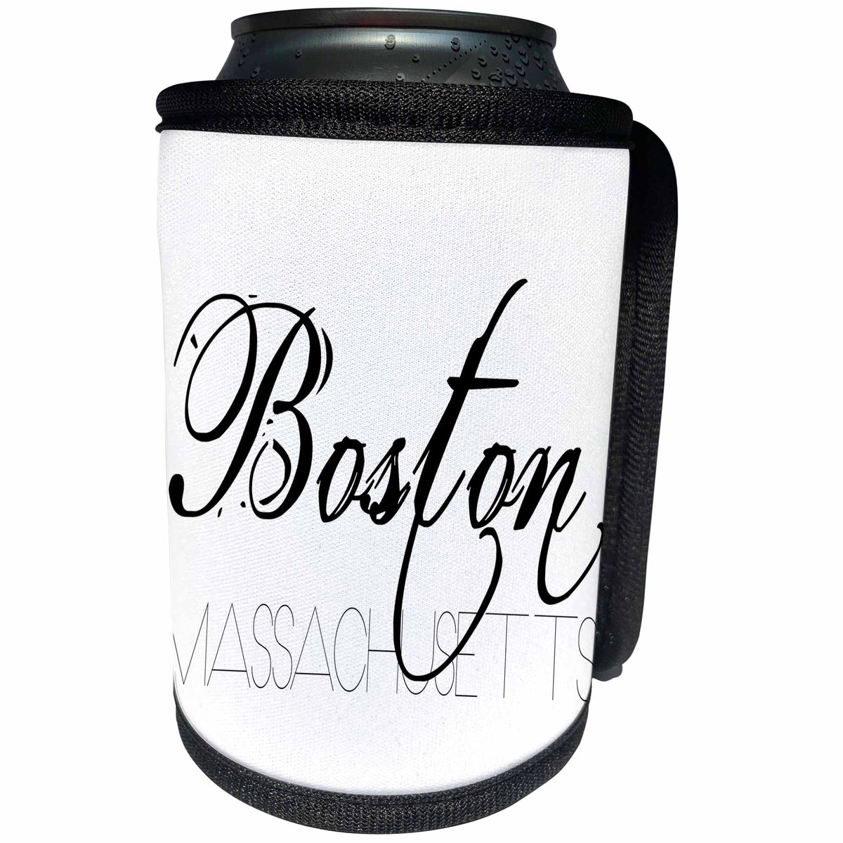 3dRose Alexis Design - American Cities - American Cities - Boston Massachusetts black text on white - Can Cooler Bottle Wrap (cc_280817)