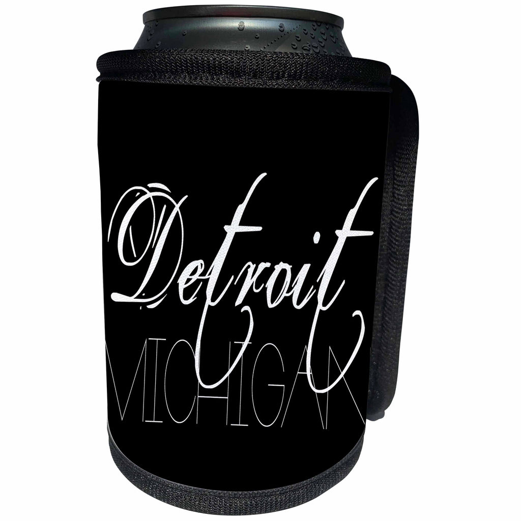 3dRose Alexis Design - American Cities - American Cities - Detroit Michigan white text on black - Can Cooler Bottle Wrap (cc_280822)