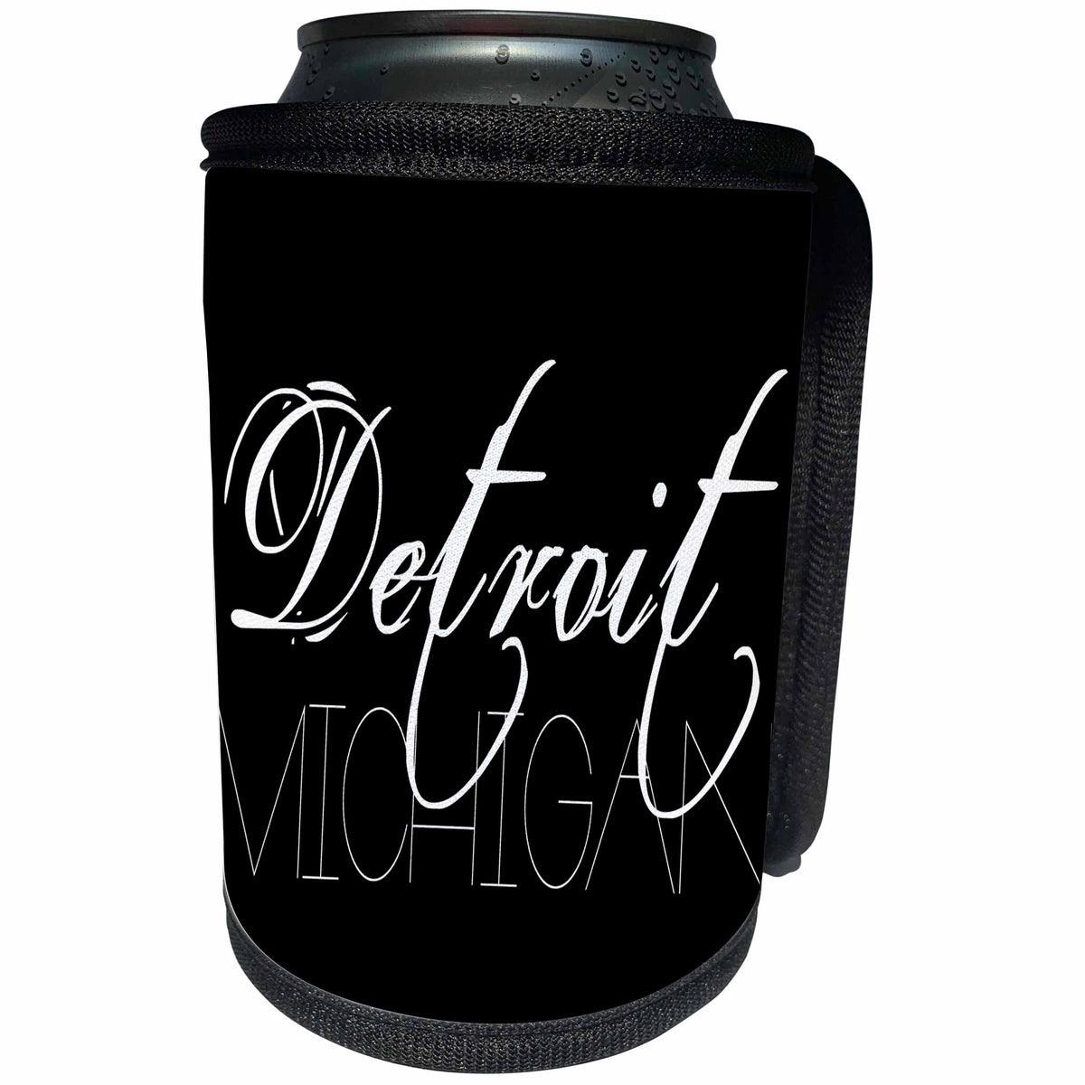 3dRose Alexis Design - American Cities - American Cities - Detroit Michigan white text on black - Can Cooler Bottle Wrap (cc_280822)