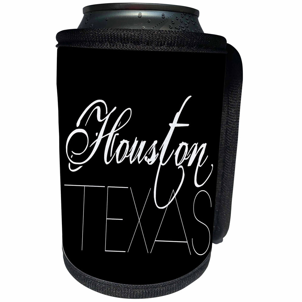 3dRose Alexis Design - American Cities - American Cities - Houston Texas white text on black - Can Cooler Bottle Wrap (cc_280825)