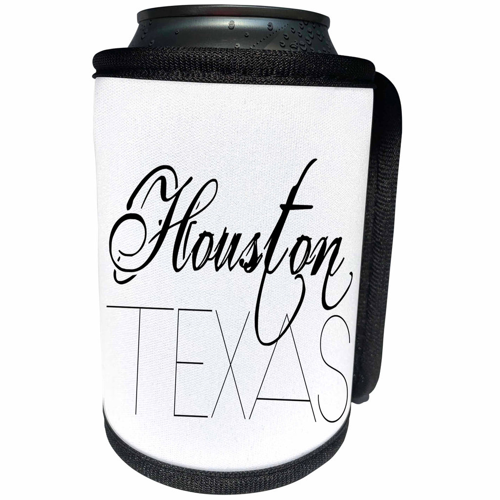 3dRose Alexis Design - American Cities - American Cities - Houston Texas black text on white - Can Cooler Bottle Wrap (cc_280826)
