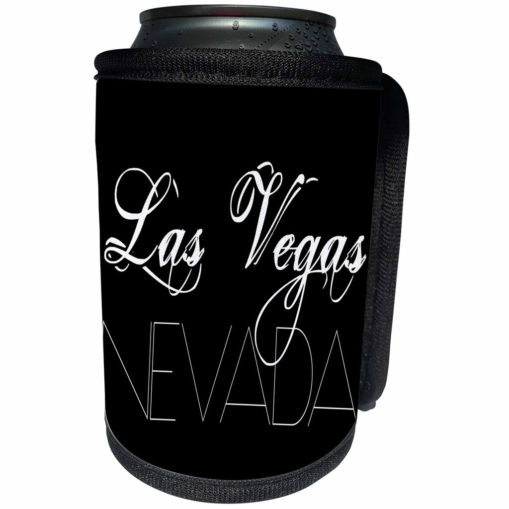 3dRose Alexis Design - American Cities - American Cities - Las Vegas Nevada white text on black - Can Cooler Bottle Wrap (cc_280828)