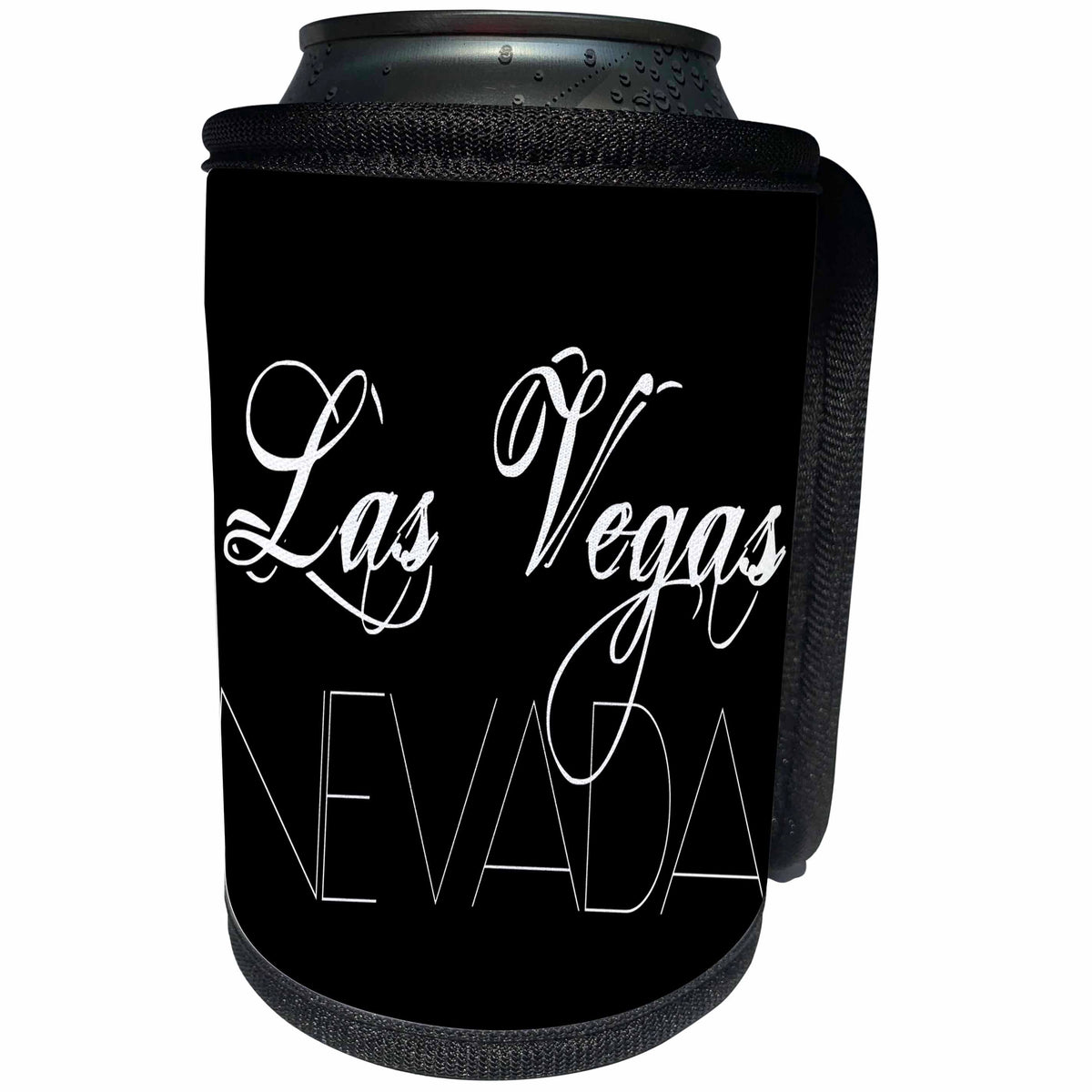 3dRose Alexis Design - American Cities - American Cities - Las Vegas Nevada white text on black - Can Cooler Bottle Wrap (cc_280828)
