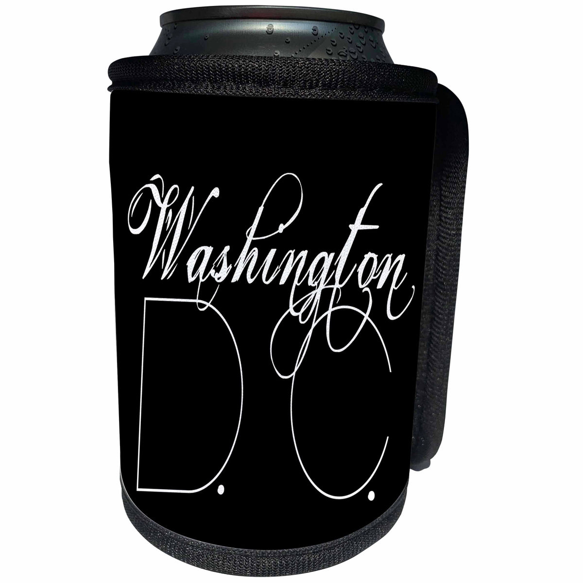 3dRose Alexis Design - American Cities - American Cities - Washington D.C. white text on black - Can Cooler Bottle Wrap (cc_280831)