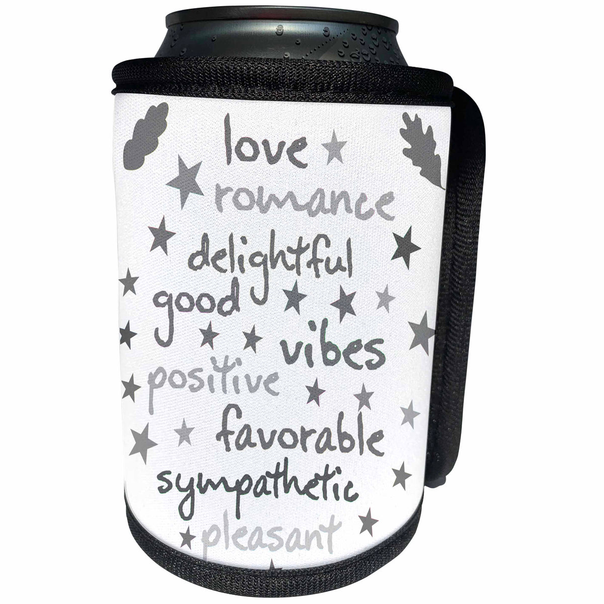 3dRose Alexis Design - Typography - Positive words. Funny and elegant shades of grey text on white - Can Cooler Bottle Wrap (cc_280848)
