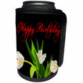 3dRose Alexis Design - Happy Birthday - Happy Birthday red text, three white tulip flowers on black - Can Cooler Bottle Wrap (cc_280861)