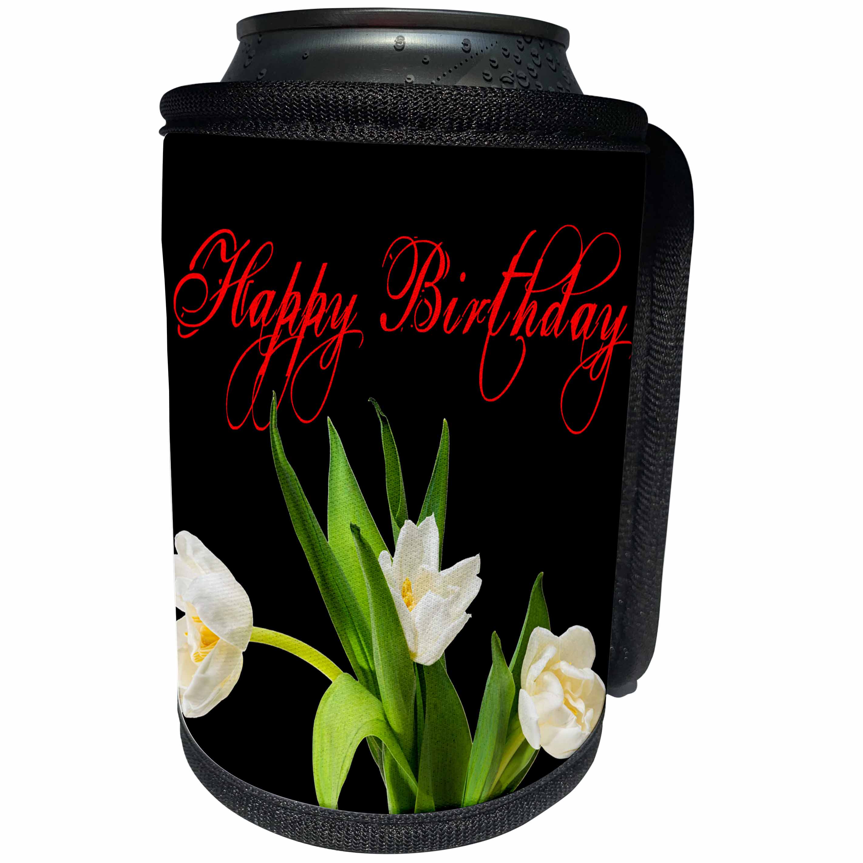 3dRose Alexis Design - Happy Birthday - Happy Birthday red text, three white tulip flowers on black - Can Cooler Bottle Wrap (cc_280861)