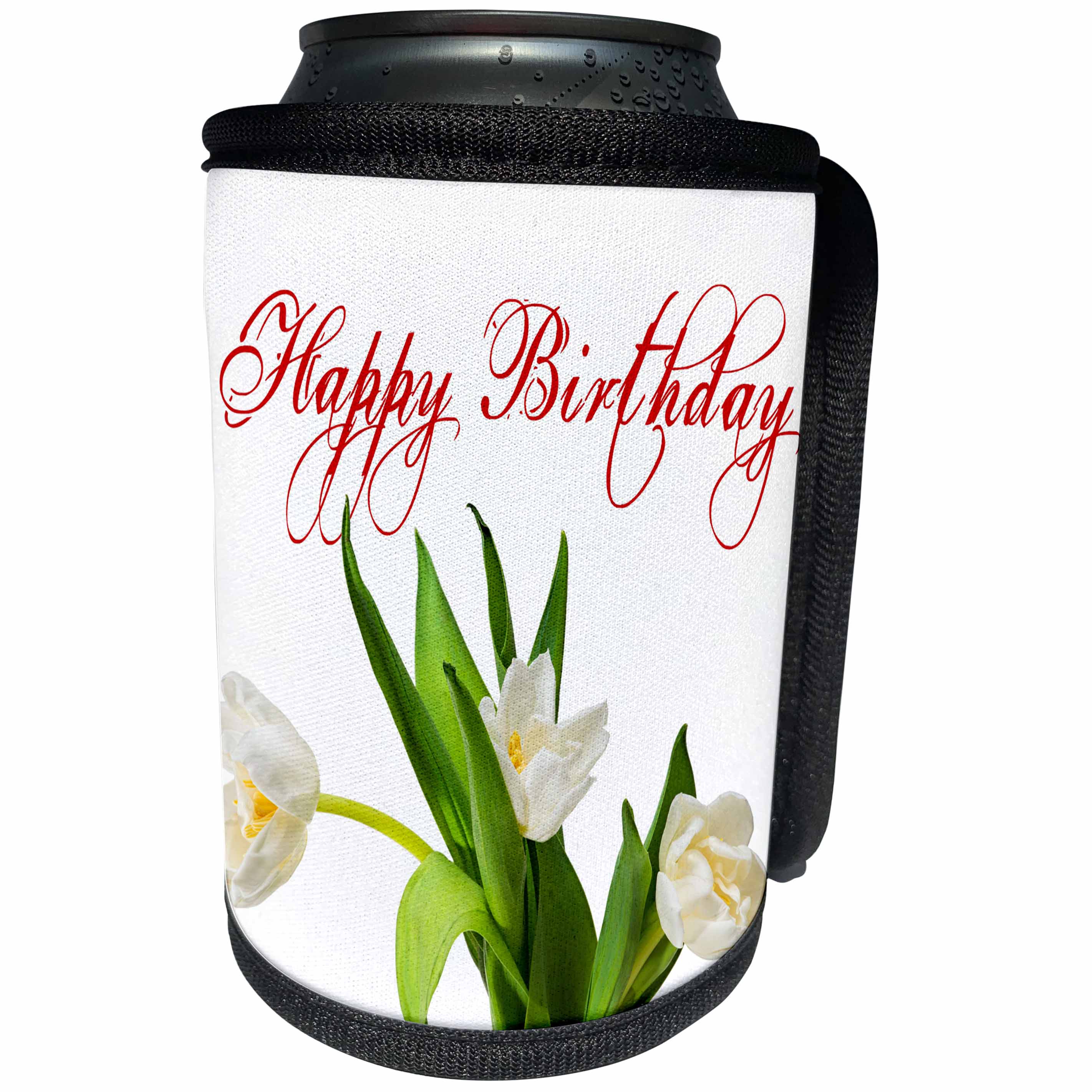 3dRose Alexis Design - Happy Birthday - Happy Birthday red text, three white tulip flowers on white - Can Cooler Bottle Wrap (cc_280862)