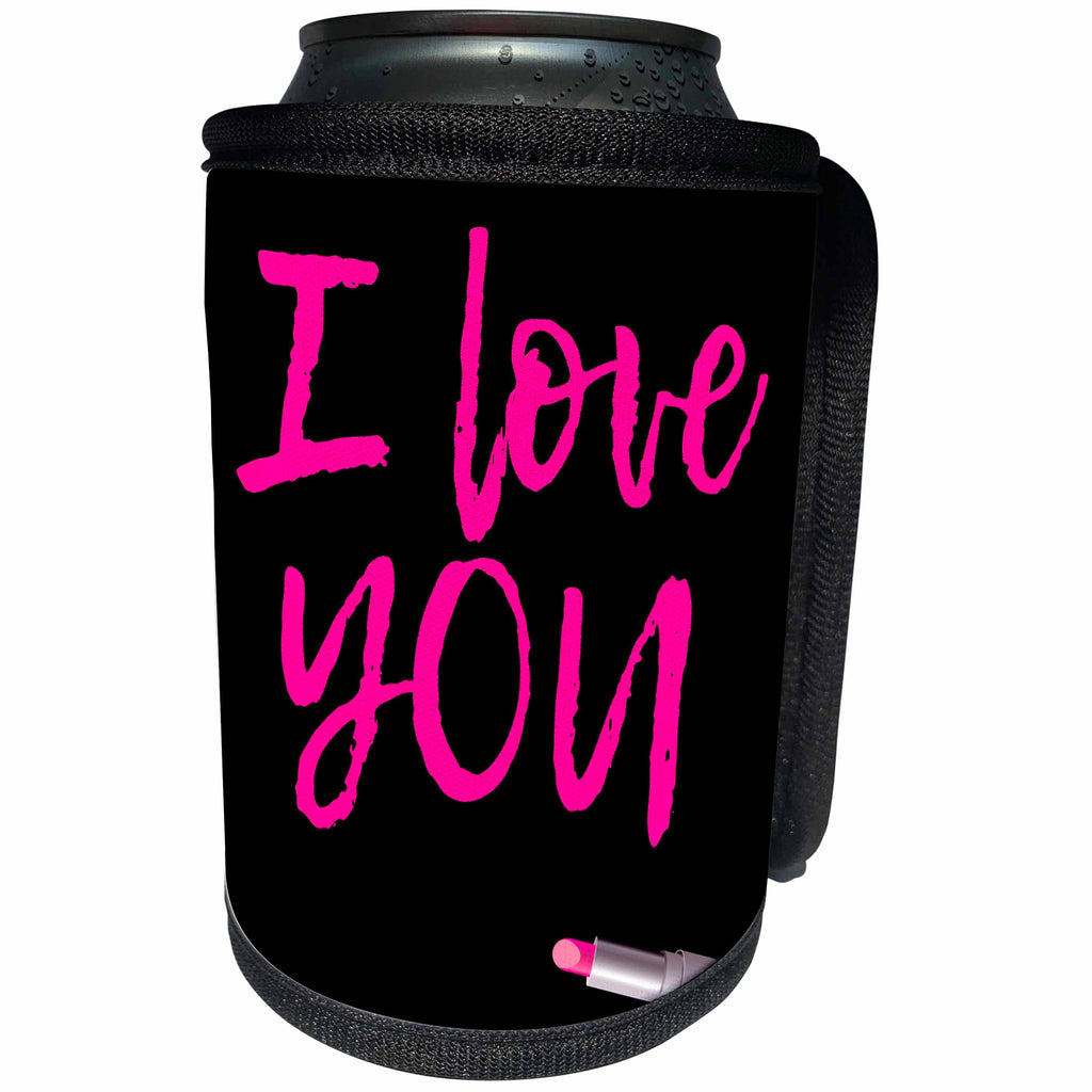 3dRose Alexis Design - Love - I love you text of pink color made with lipstick on black - Can Cooler Bottle Wrap (cc_280863)