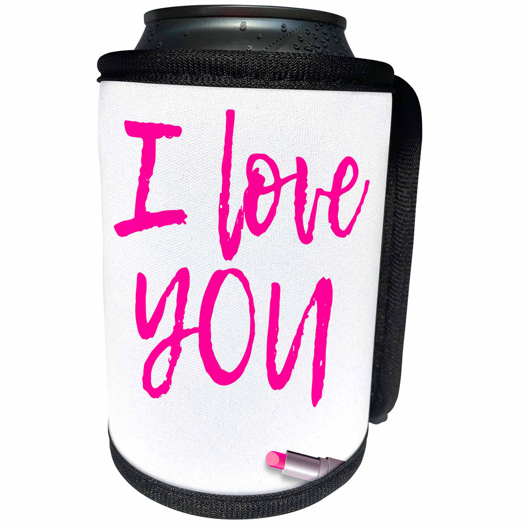 3dRose Alexis Design - Love - I love you text of pink color made with lipstick on white - Can Cooler Bottle Wrap (cc_280864)