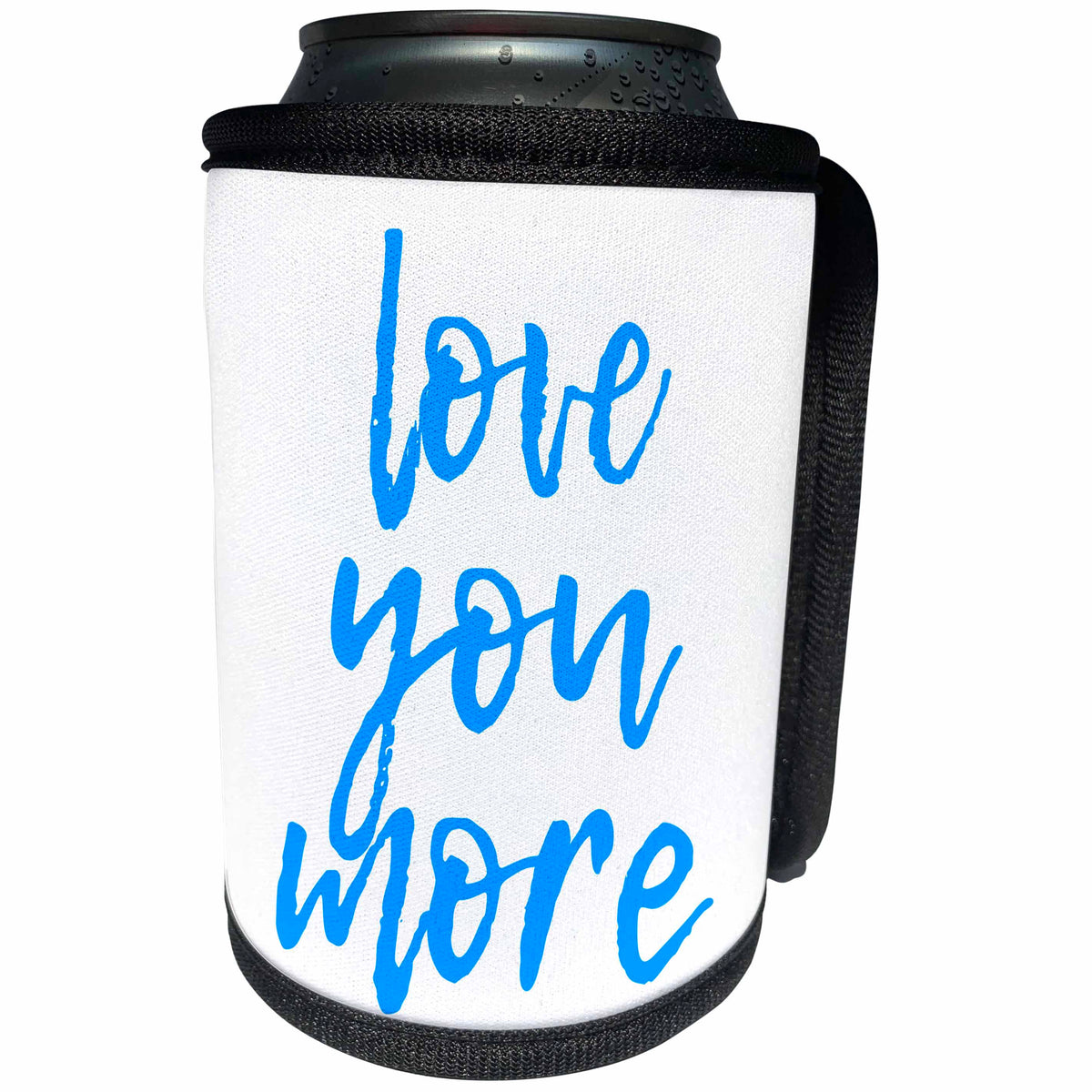 3dRose Alexis Design - Love - Hand written text love you more of blue color on white background - Can Cooler Bottle Wrap (cc_280870)