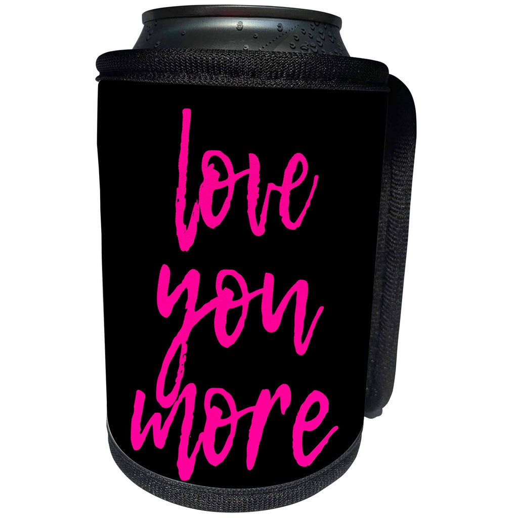 3dRose Alexis Design - Love - Hand written text love you more of pink color on black background - Can Cooler Bottle Wrap (cc_280871)