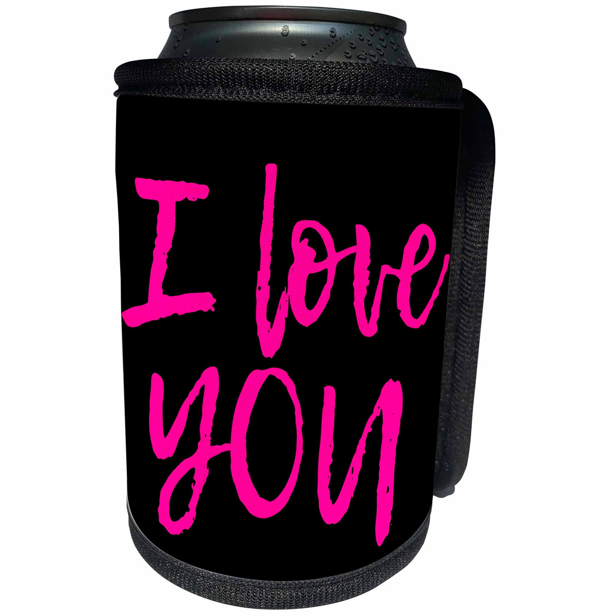 3dRose Alexis Design - Love - I love you hand written text of pink color on black background - Can Cooler Bottle Wrap (cc_280874)