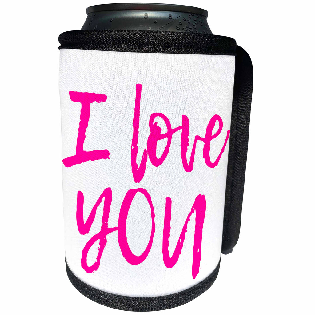 3dRose Alexis Design - Love - I love you hand written text of pink color on white background - Can Cooler Bottle Wrap (cc_280875)