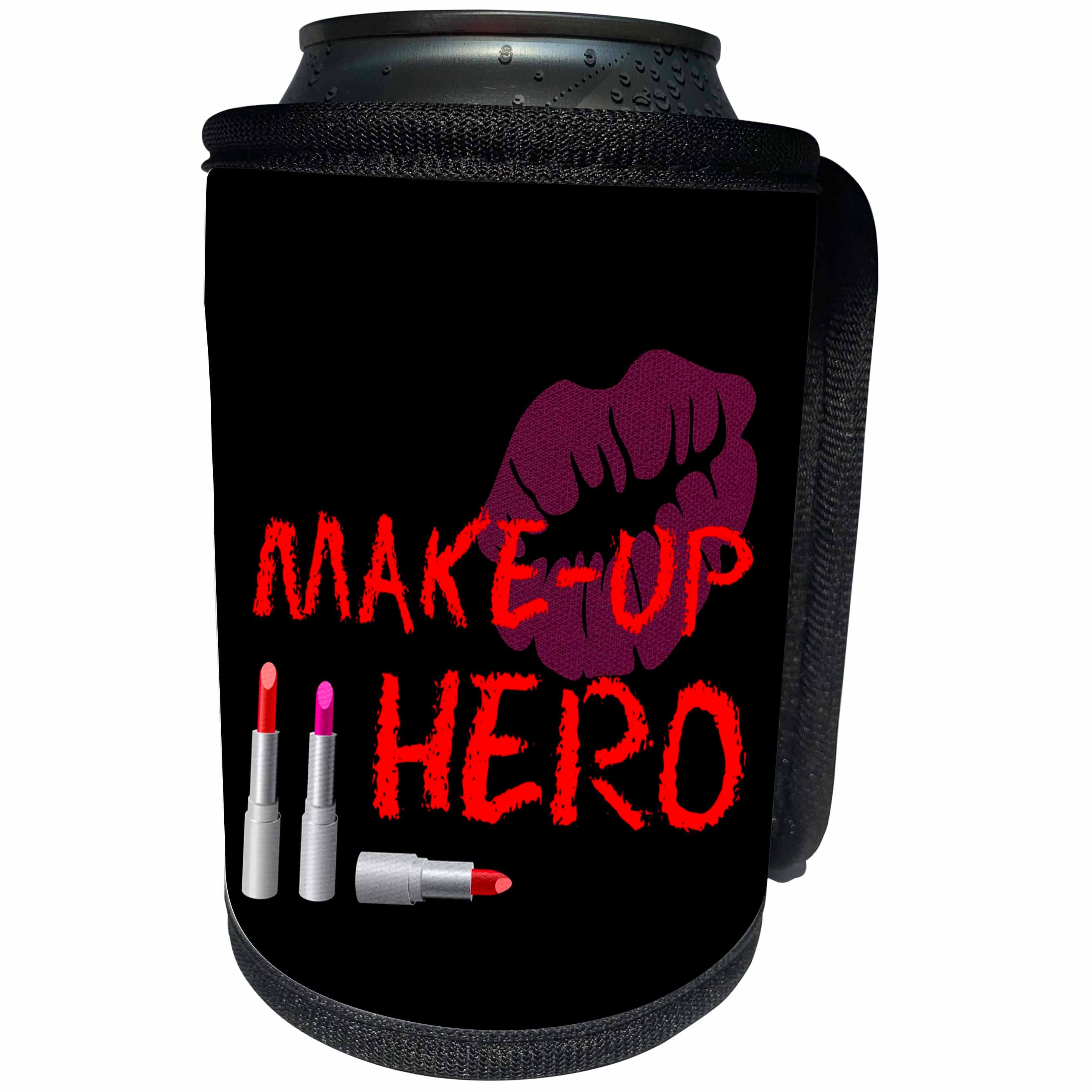 3dRose Alexis Design - Love - Red text Makeup hero, three lipstick tubes, lips on black - Can Cooler Bottle Wrap (cc_280877)