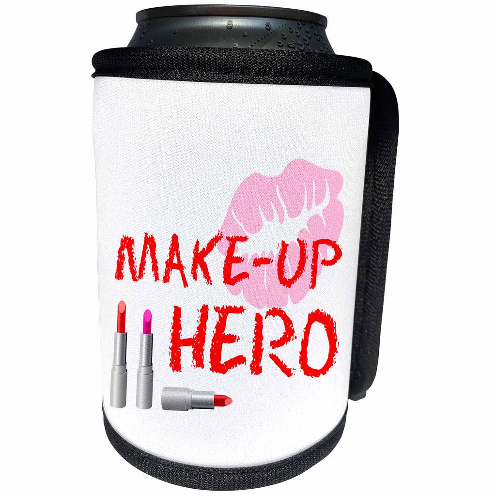 3dRose Alexis Design - Love - Red text Makeup hero, three lipstick tubes, lips on white background - Can Cooler Bottle Wrap (cc_280878)