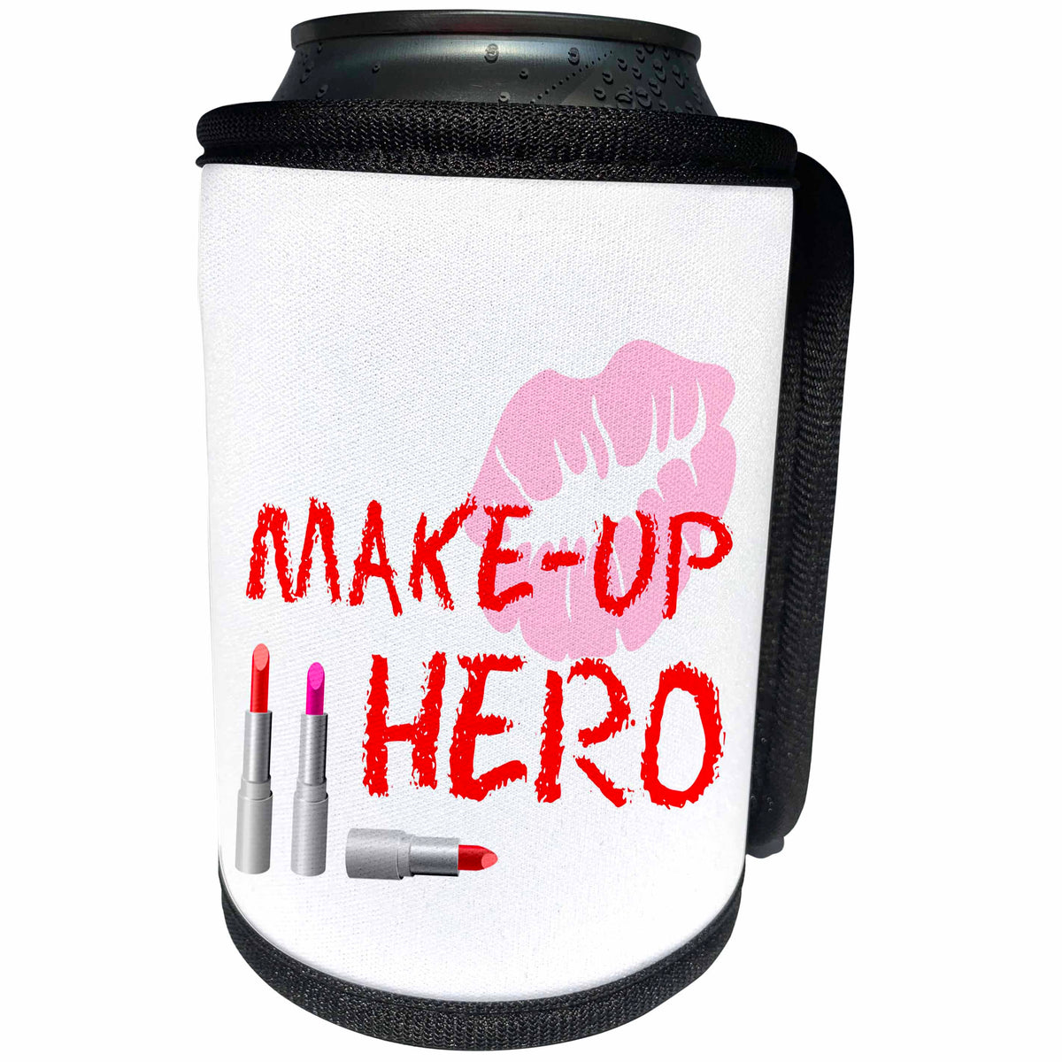 3dRose Alexis Design - Love - Red text Makeup hero, three lipstick tubes, lips on white background - Can Cooler Bottle Wrap (cc_280878)