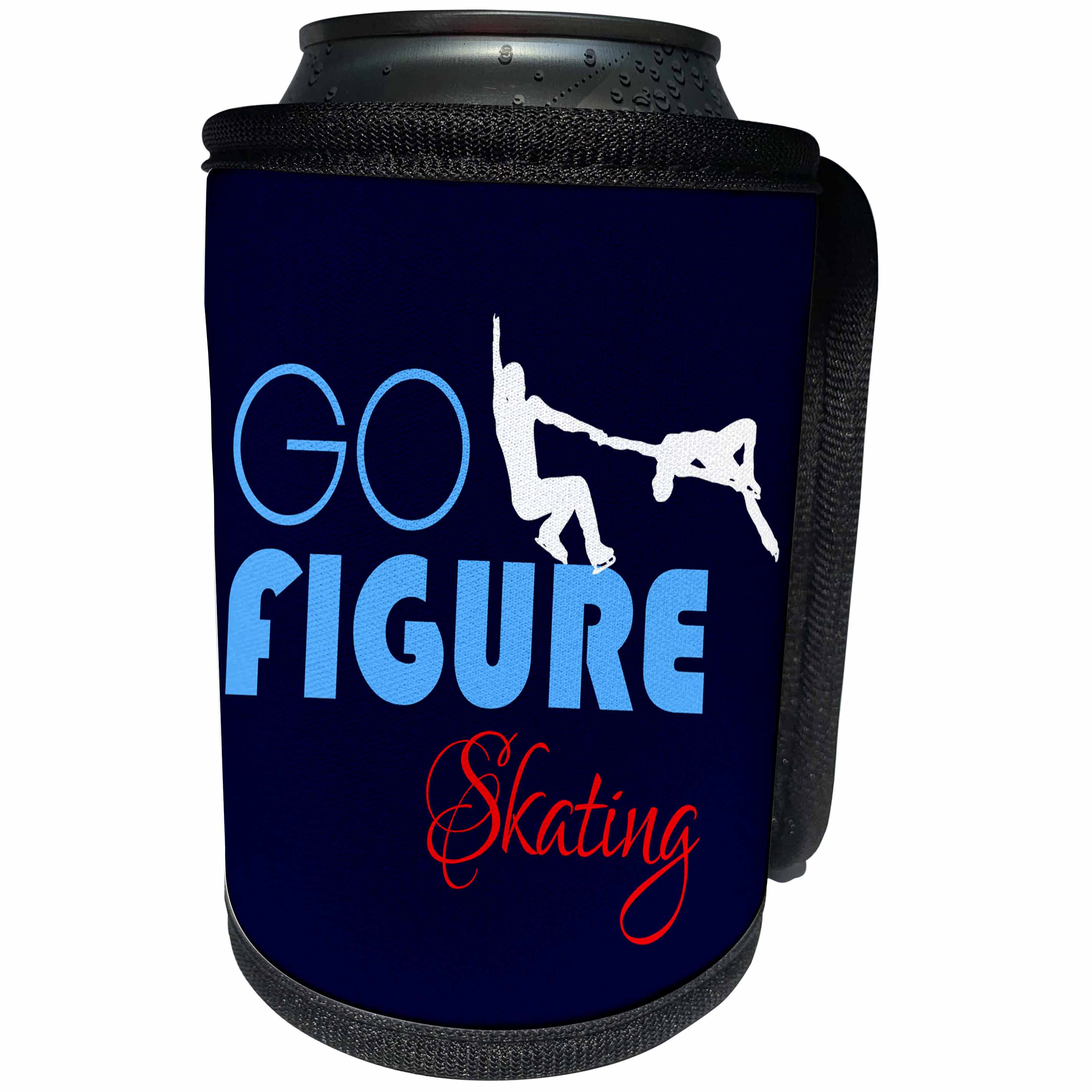 3dRose Alexis Design - Sport Winter - Go Figure Skating decorative text, dancing couple of skaters on blue - Can Cooler Bottle Wrap (cc_280879)