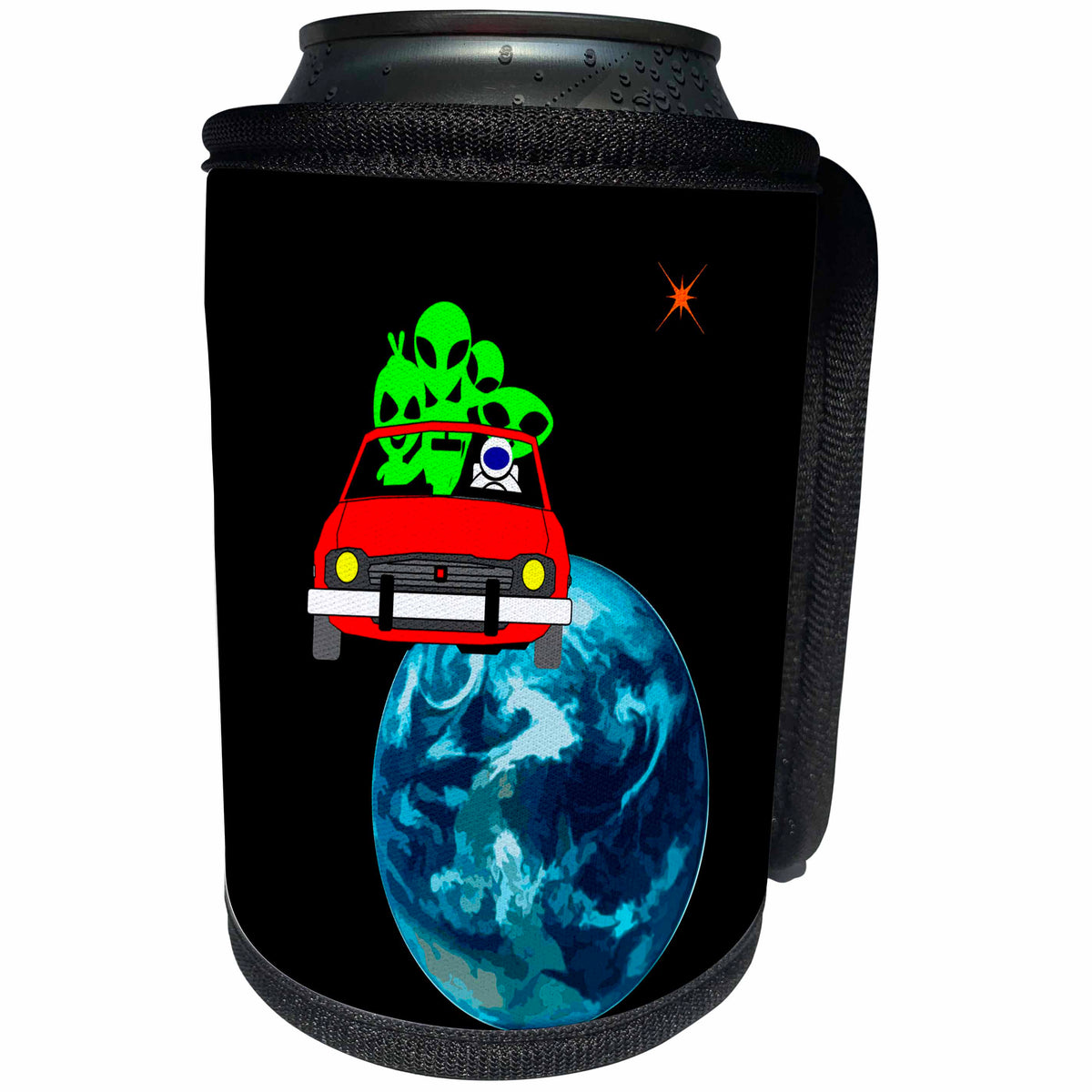 3dRose Alexis Design - Space and Aliens - Ride to Mars Selfie. Red car, aliens, planet Earth, red Mars on black - Can Cooler Bottle Wrap (cc_280881)