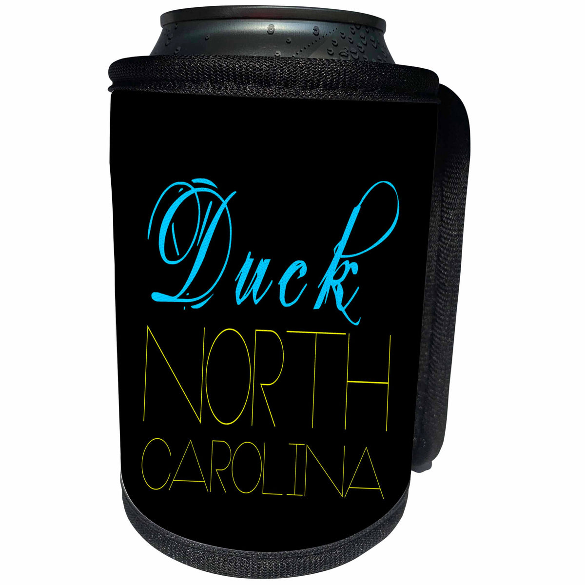 3dRose Alexis Design - American Beaches - American Beaches - Duck, North Carolina, blue, yellow on black - Can Cooler Bottle Wrap (cc_281015)