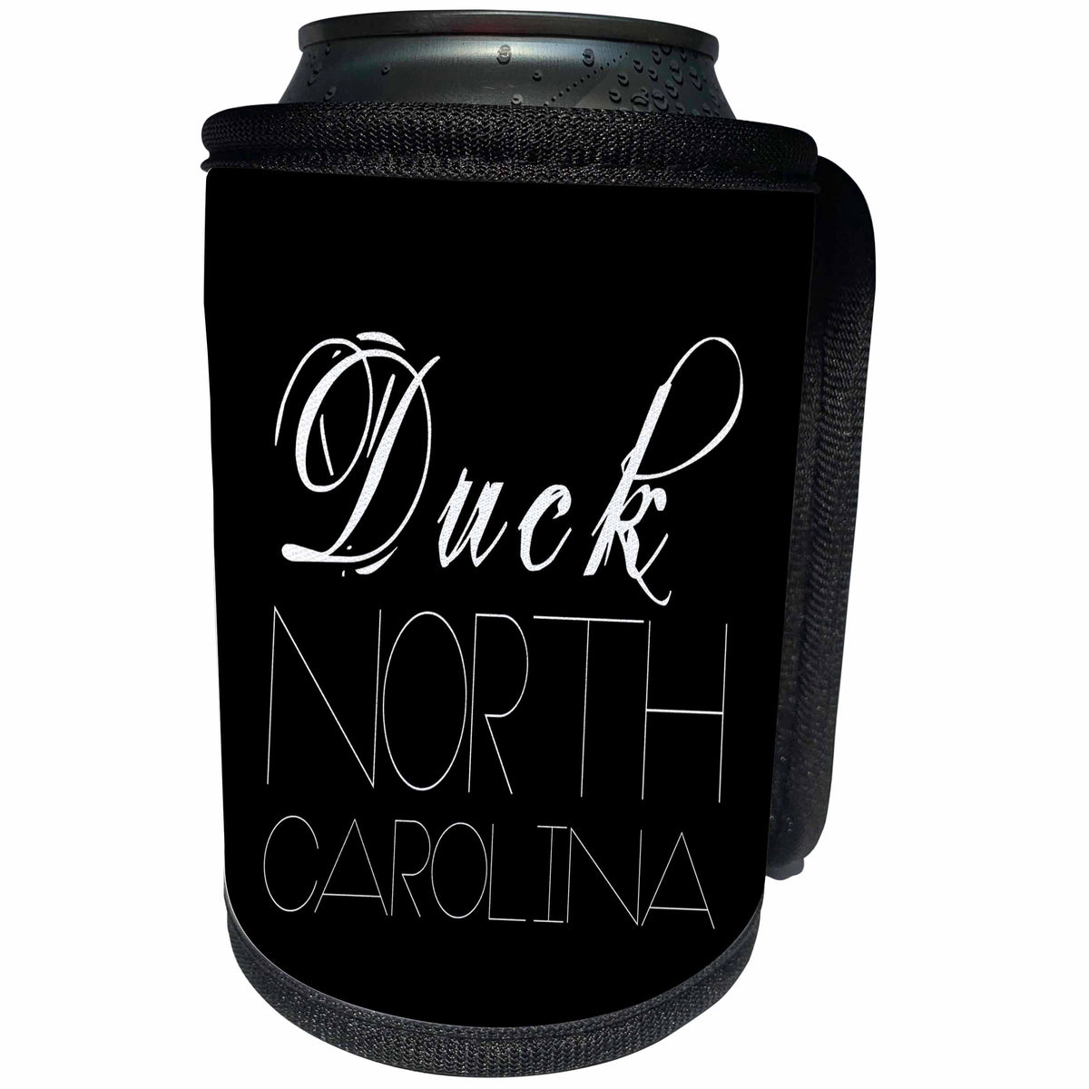 3dRose Alexis Design - American Beaches - American Beaches - Duck, North Carolina, white on black - Can Cooler Bottle Wrap (cc_281016)