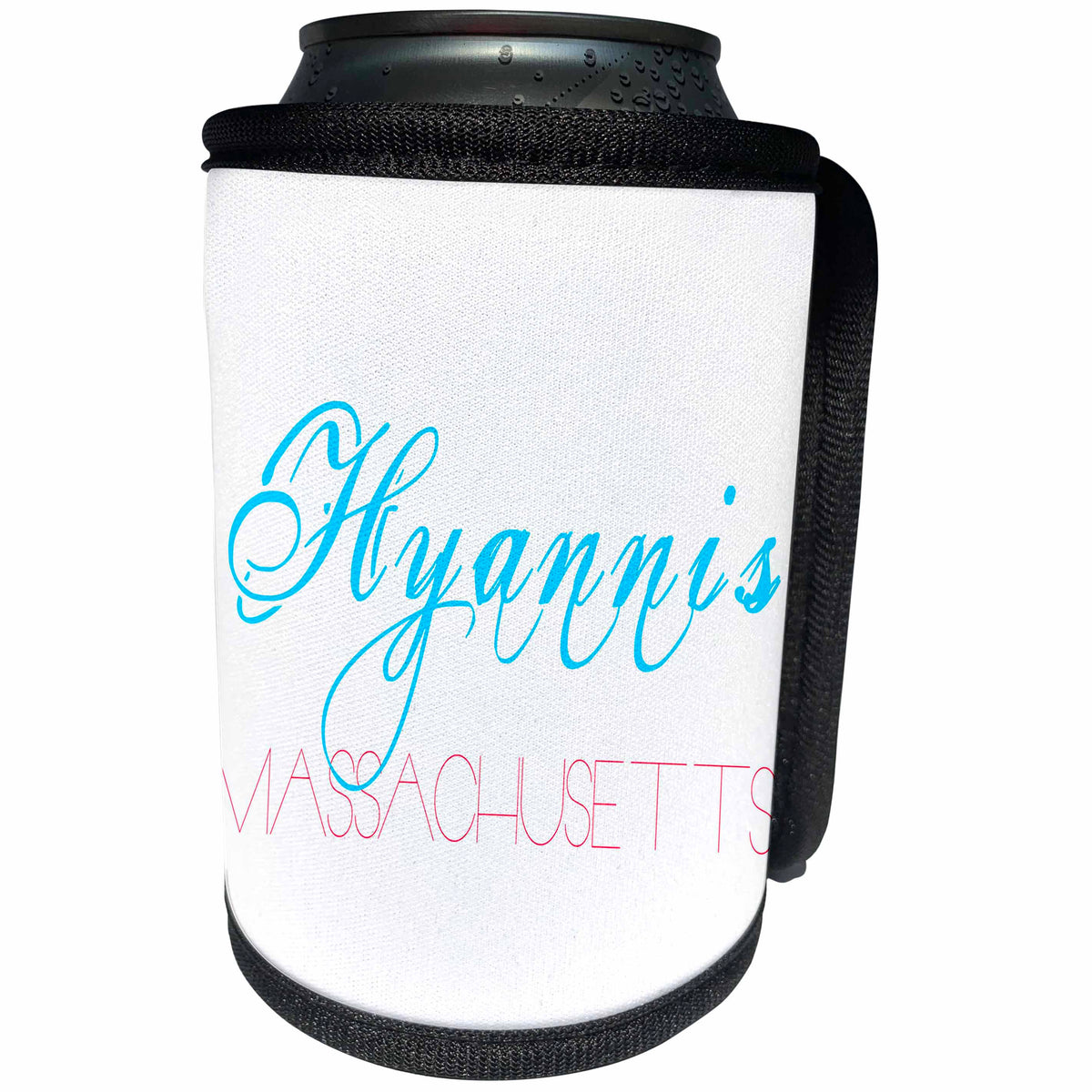 3dRose Alexis Design - American Beaches - American Beaches - Hyannis, Massachusetts, blue, red on white - Can Cooler Bottle Wrap (cc_281018)