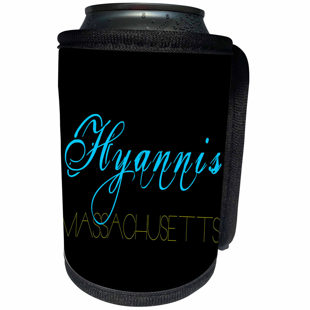3dRose Alexis Design - American Beaches - American Beaches - Hyannis, Massachusetts, blue, yellow on black - Can Cooler Bottle Wrap (cc_281019)