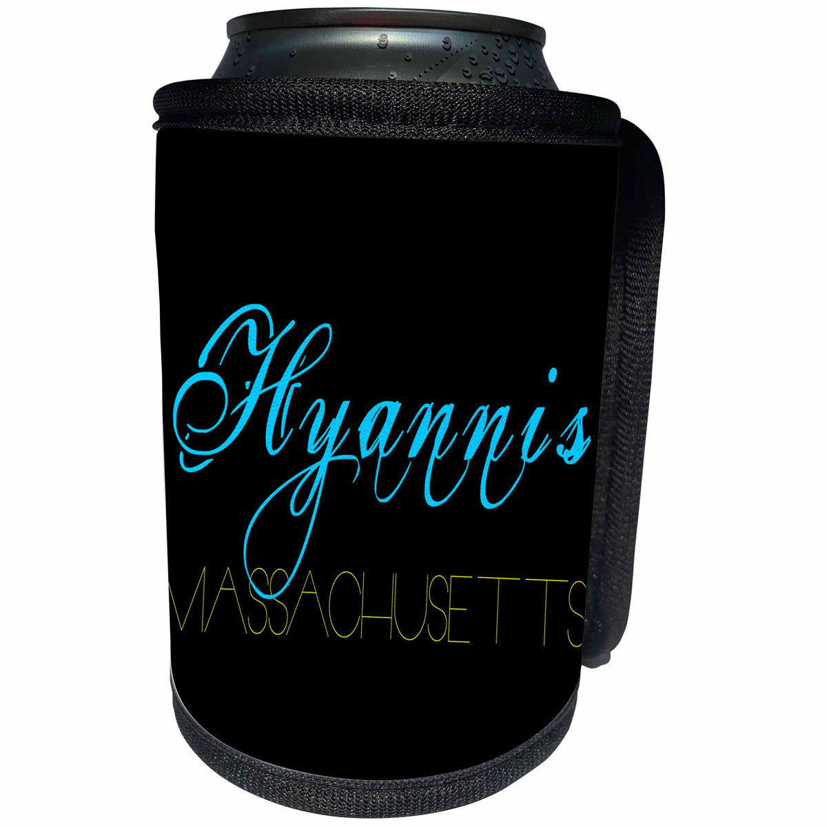3dRose Alexis Design - American Beaches - American Beaches - Hyannis, Massachusetts, blue, yellow on black - Can Cooler Bottle Wrap (cc_281019)