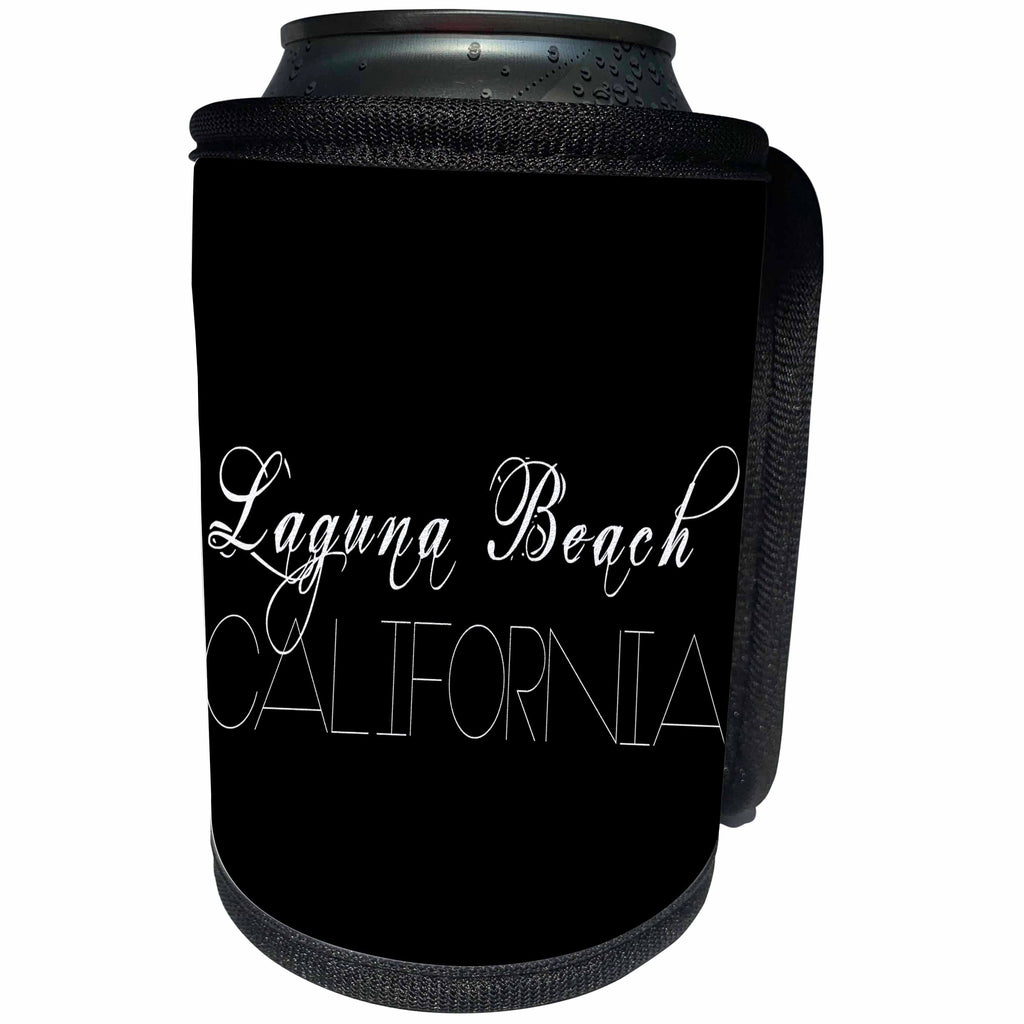 3dRose Alexis Design - American Beaches - American Beaches - Laguna Beach, California, white on black - Can Cooler Bottle Wrap (cc_281028)