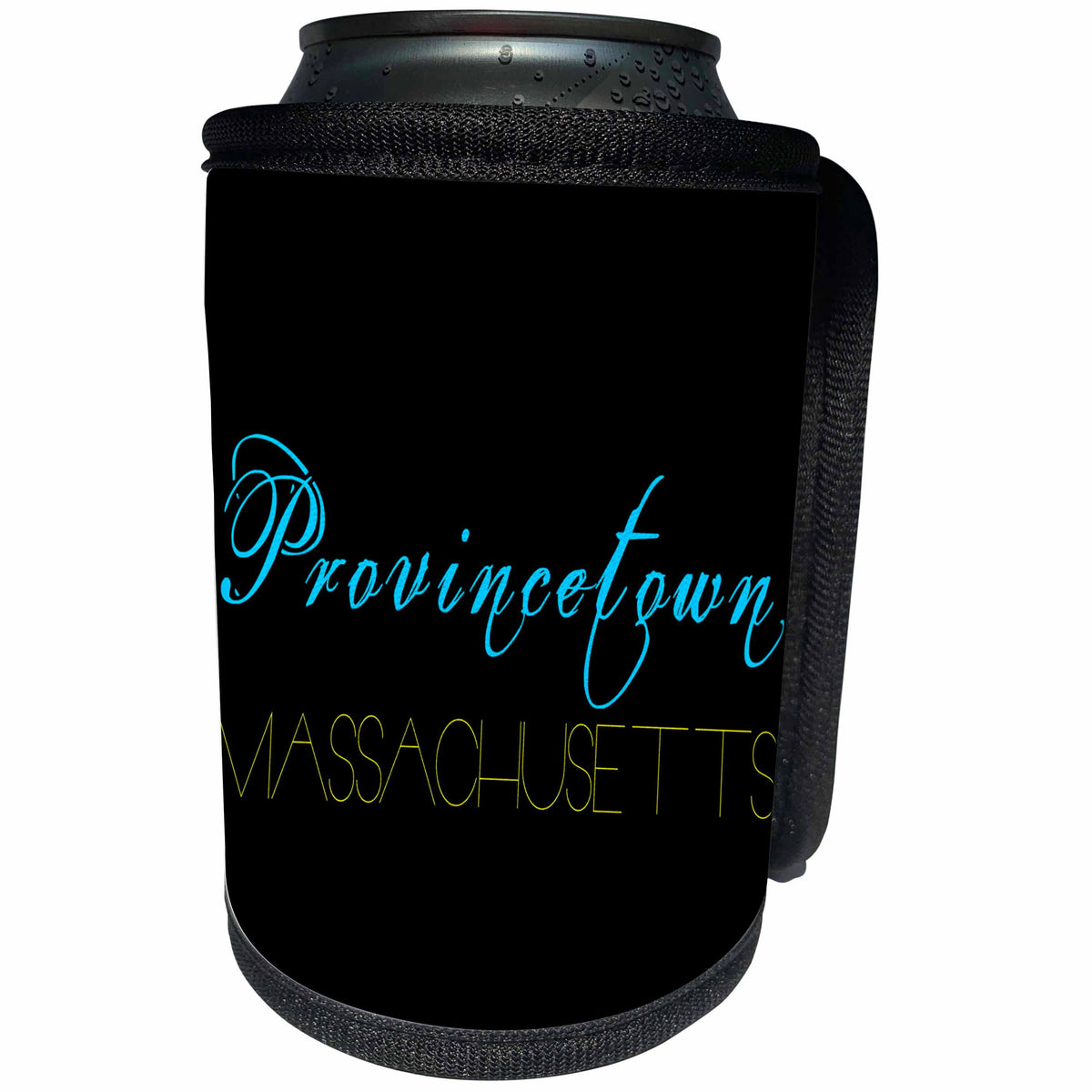 3dRose Alexis Design - American Beaches - American Beaches - Provincetown, Massachusetts, blue, yellow on black - Can Cooler Bottle Wrap (cc_281031)