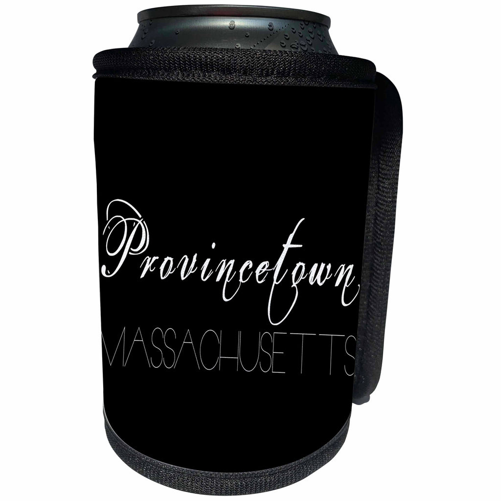 3dRose Alexis Design - American Beaches - American Beaches - Provincetown, Massachusetts, white on black - Can Cooler Bottle Wrap (cc_281032)