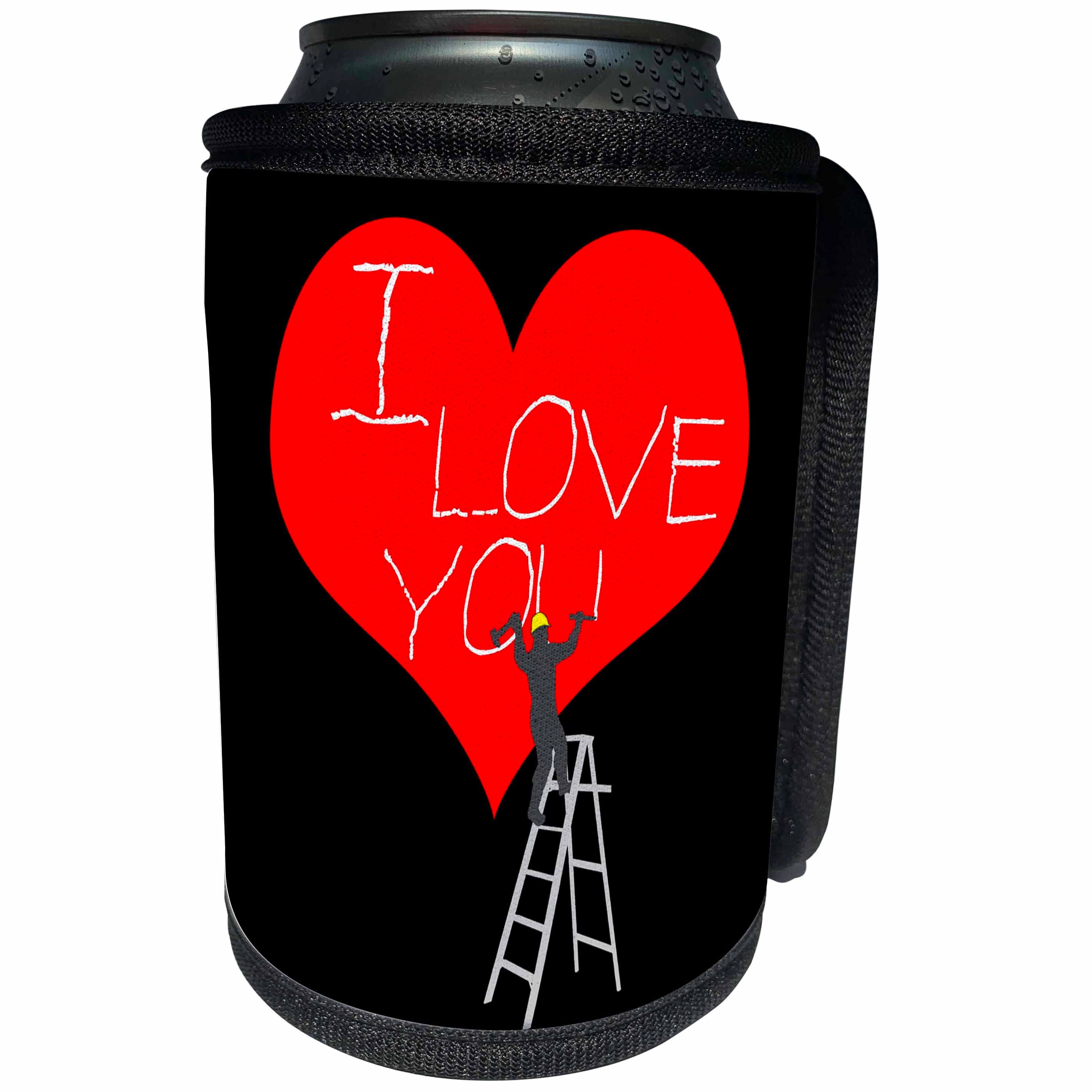3dRose Alexis Design - Love - Man worker on a ladder, chisels I LOVE YOU on a red heart on black - Can Cooler Bottle Wrap (cc_281039)