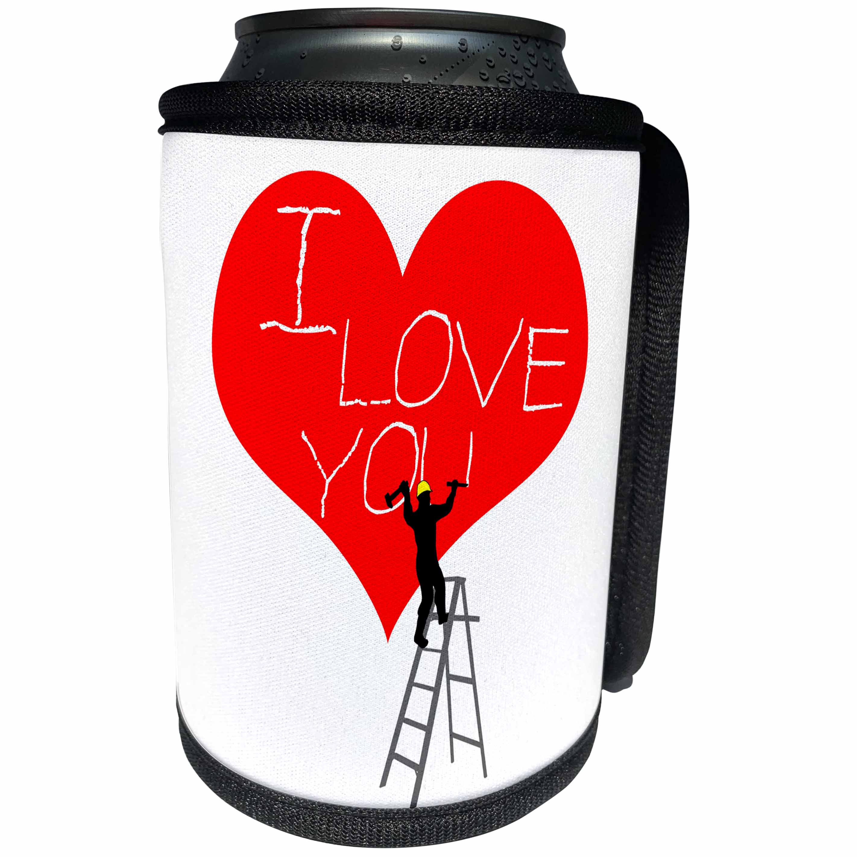 3dRose Alexis Design - Love - Man worker on a ladder, chisels I LOVE YOU on a red heart on white - Can Cooler Bottle Wrap (cc_281040)
