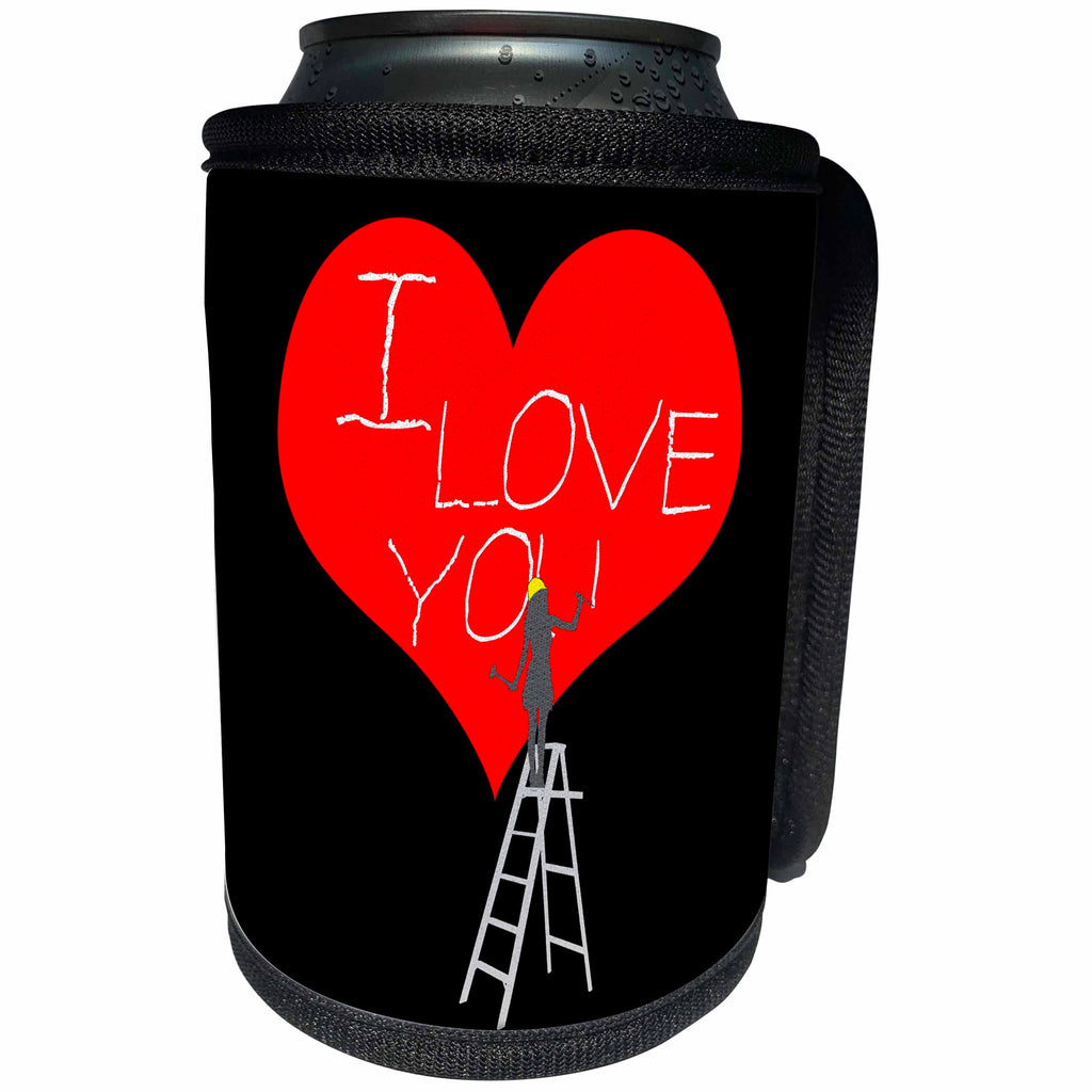 3dRose Alexis Design - Love - Woman worker on a ladder, chisels I LOVE YOU on a red heart on black - Can Cooler Bottle Wrap (cc_281041)