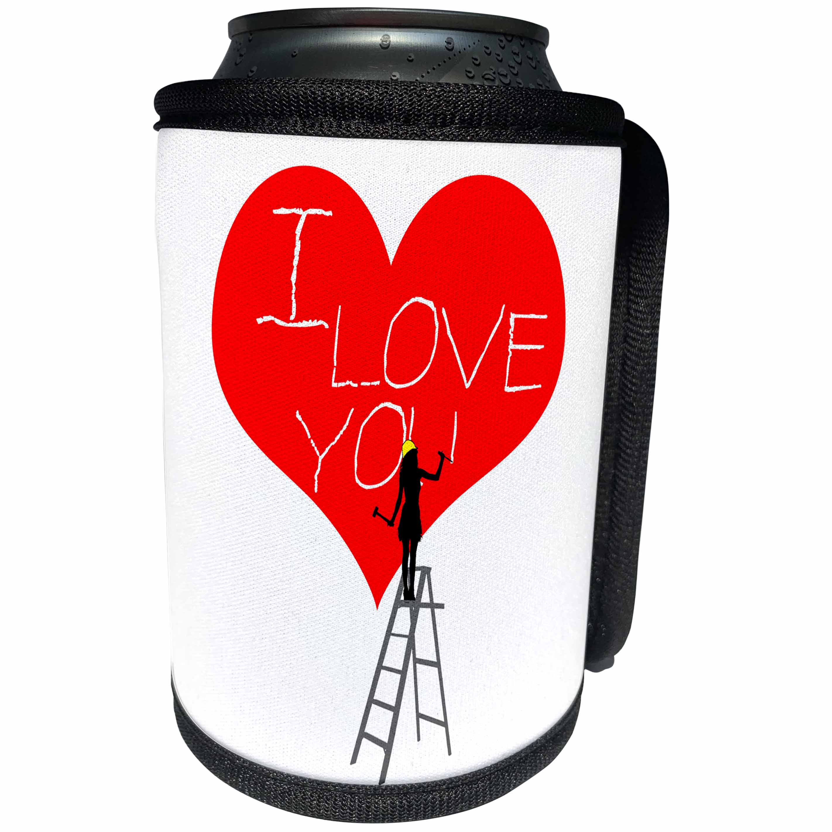 3dRose Alexis Design - Love - Woman worker on a ladder, chisels I LOVE YOU on a red heart on white - Can Cooler Bottle Wrap (cc_281042)