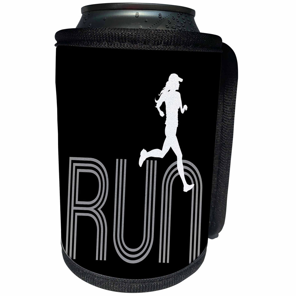 3dRose Alexis Design - Sport Athletics - Woman sportsman jogger runs over a word RUN. White, grey on black - Can Cooler Bottle Wrap (cc_281044)