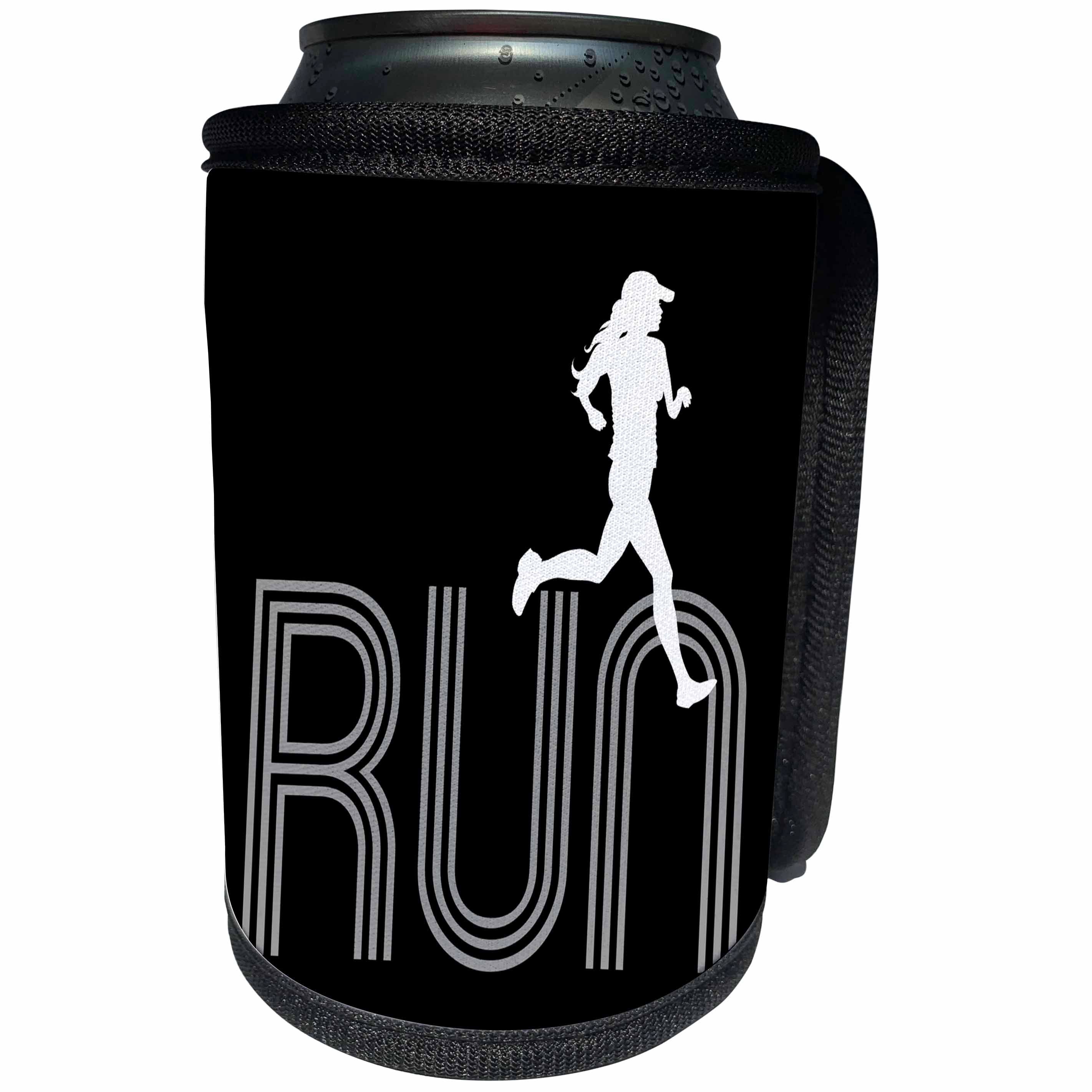 3dRose Alexis Design - Sport Athletics - Woman sportsman jogger runs over a word RUN. White, grey on black - Can Cooler Bottle Wrap (cc_281044)