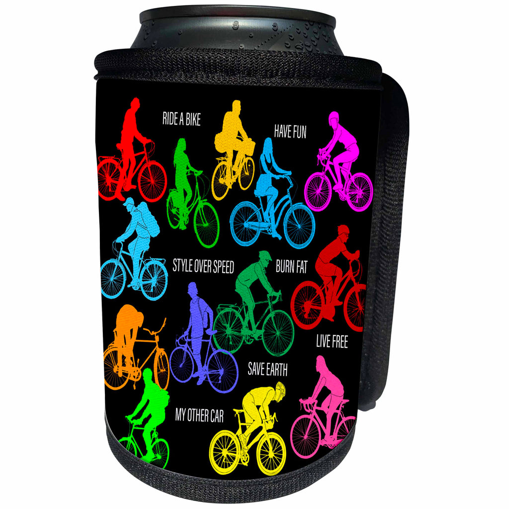 3dRose Alexis Design - Sport Bicycle - Colorful bicycle riders and motivational biking slogans on black - Can Cooler Bottle Wrap (cc_281051)